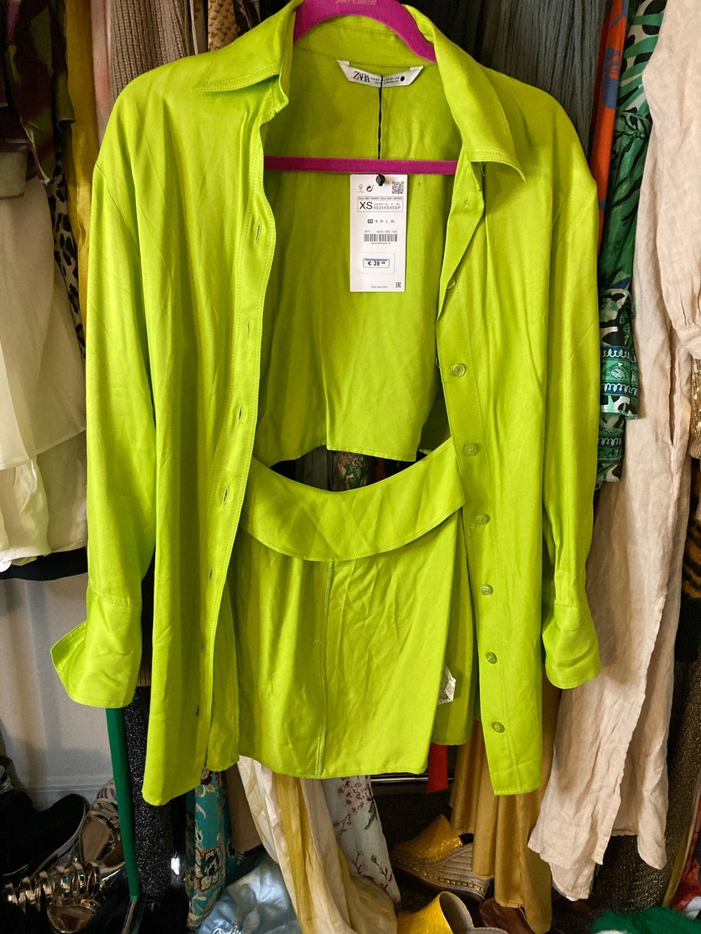 Zara Neon Lime Button-Front tunic dress shirt